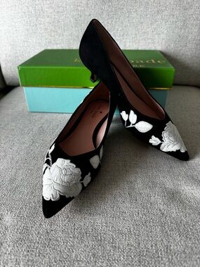 kate spade Black Pointed-Toe kitten heels with White Floral Embroidery